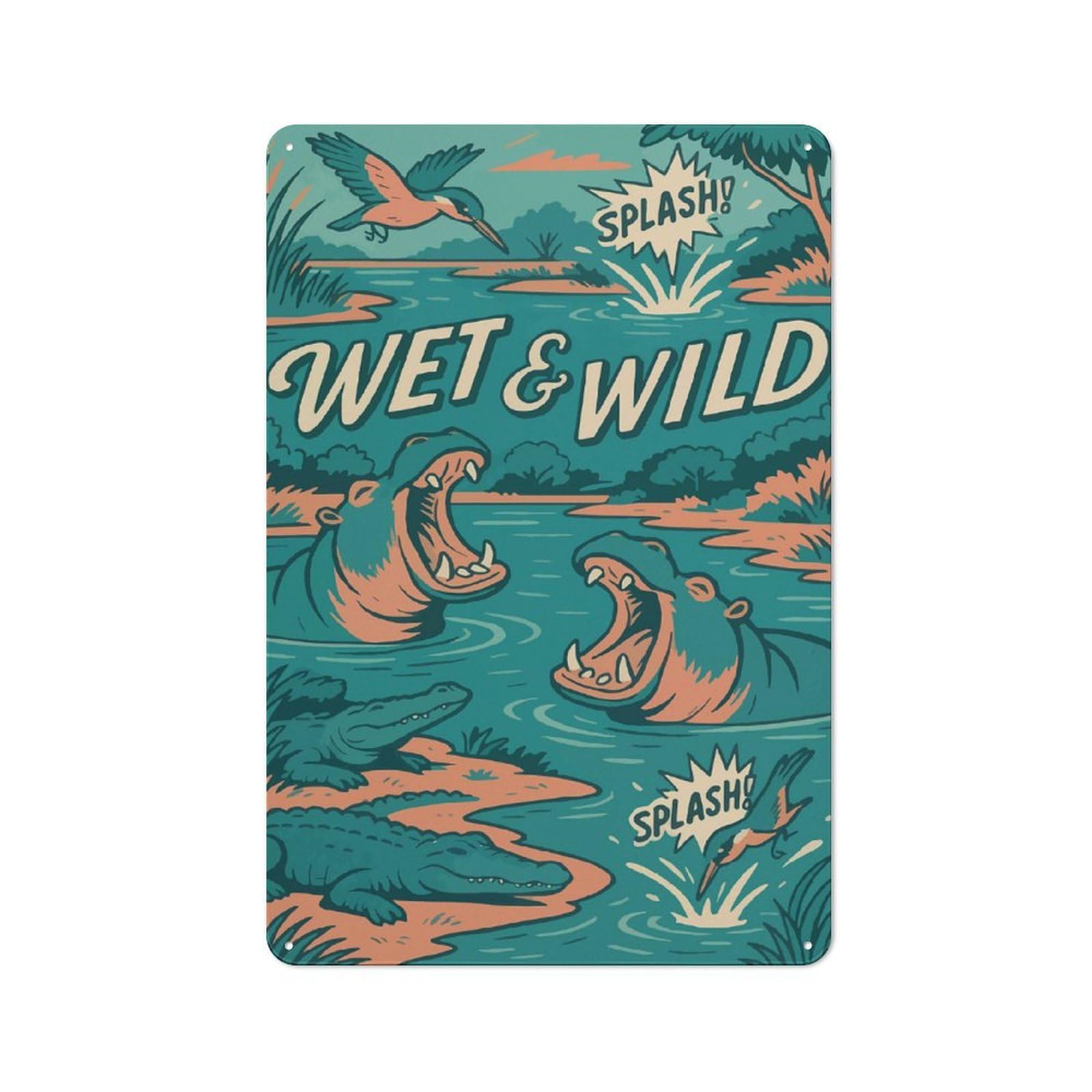 Junmoney Wet & Wild River Creatures Comic Vintage Metal Wall Decor 30X20cm, Tin Wall Sign For Coffee Bar, Kitchen, Bistro Or Tea Corner