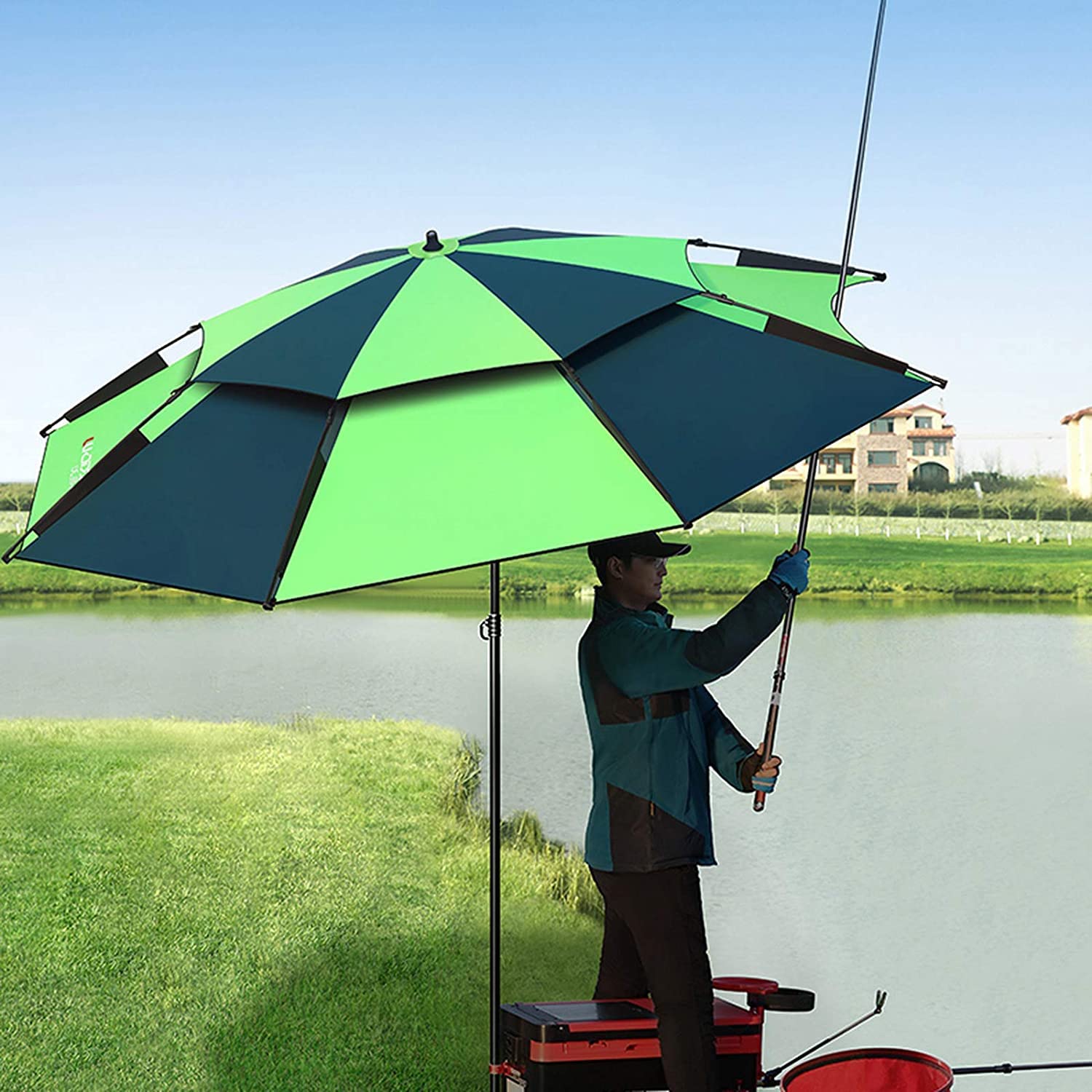 Duży parasol wędkarski Parasol chroniący przed słońcem Pochylony o 360 stopni Nowy zagęszczony filtr przeciwsłoneczny Parasol przeciwburzowy do wędkowania Kemping Golf i zajęcia na świeżym powietrzu 2
