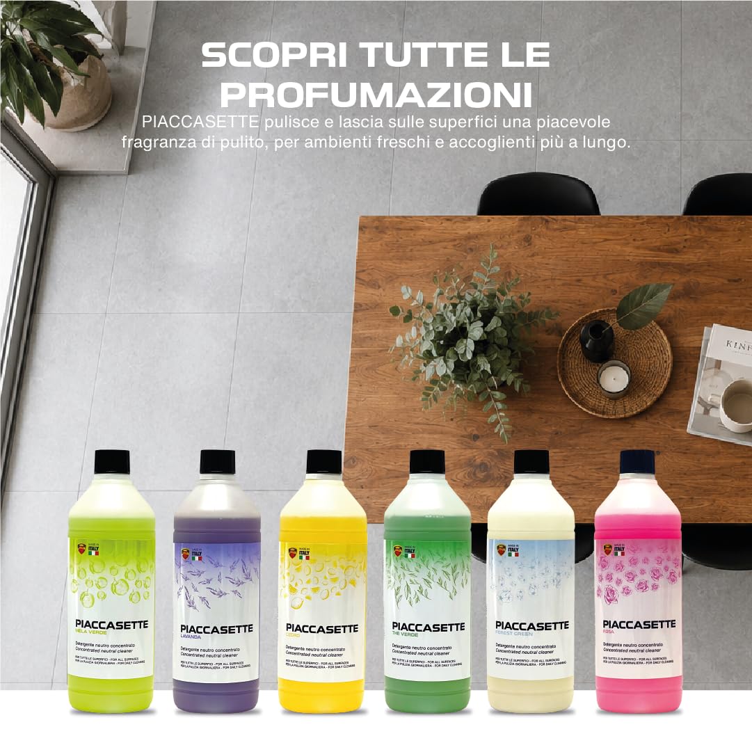 PIACCASETTE - Detergente Neutro Concentrato per Tutte le Superfici – Pulizia Quotidiana Professionale per Pavimenti, Rivestimenti, Legno e Pietra (Rosa, 6 x 1L)