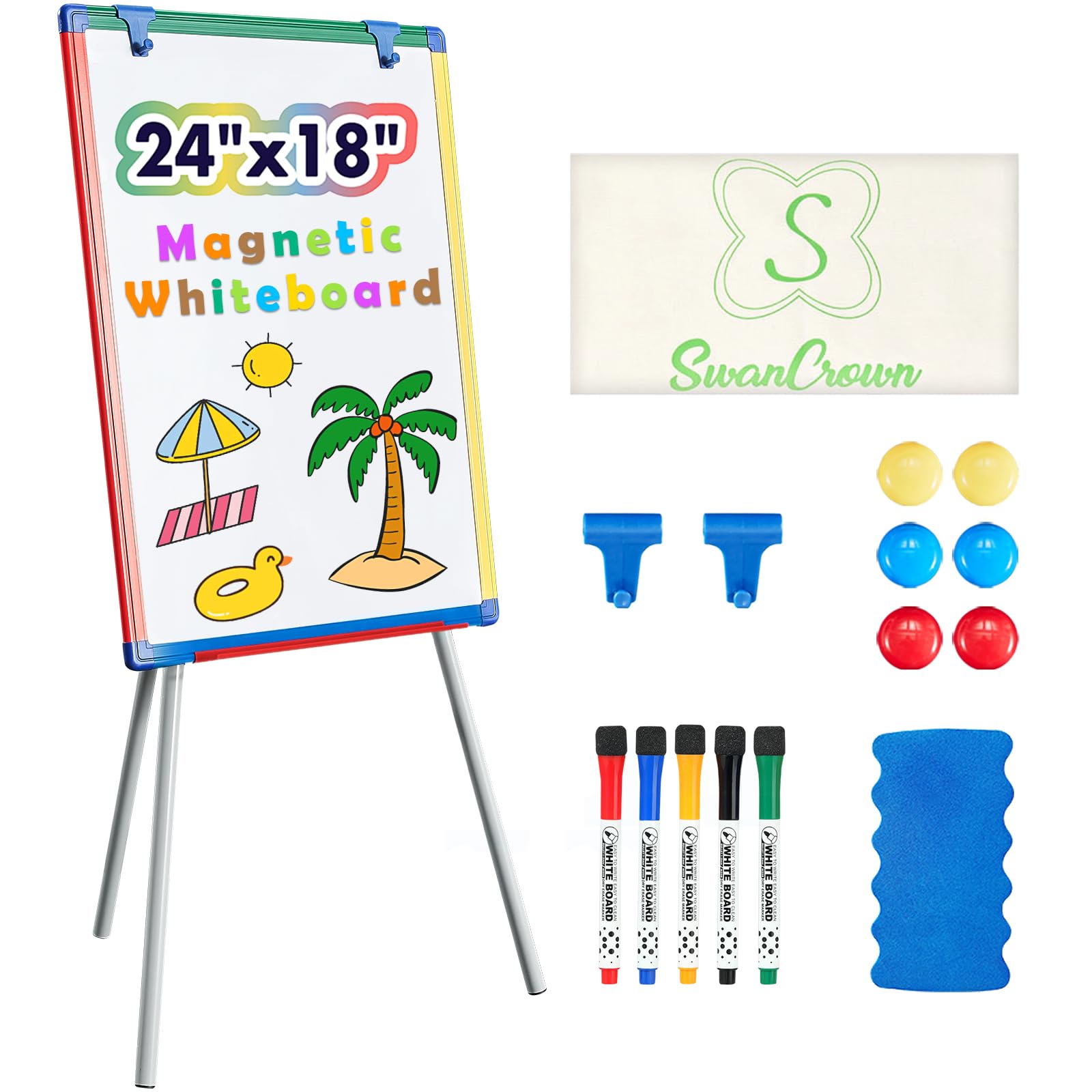 SWANCROWN Portable Whiteboard with Stand 60x45cm, Teaching Easel for Classroom Home School, Colorful Aluminum Frame, Foldable&Height Adjustable