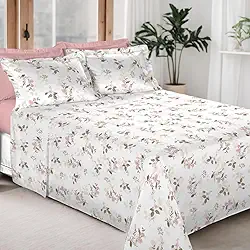 Jogo de Cama 100% Algodão 300 Fios Percal Lençol Antiácaro Respirável Toque Macio, 4 Peças - Bem Lunar (Rosa Floral, Solteiro)