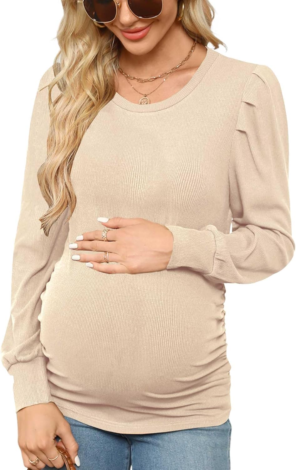 Onedreamer Women's Maternity Shirts Puff Sleeve Round Neck Tunic Top Casual Pregnancy Clothes