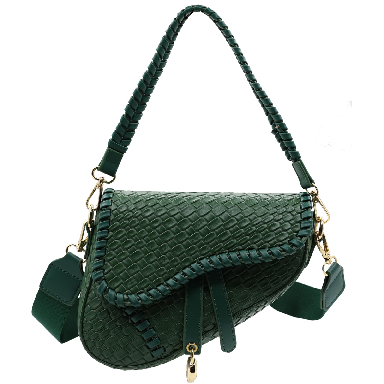 ERWUBA fashion women saddle shoulder bag clutch purse small crossbody satchel handbag woven imitation crocodile leather bag, Green