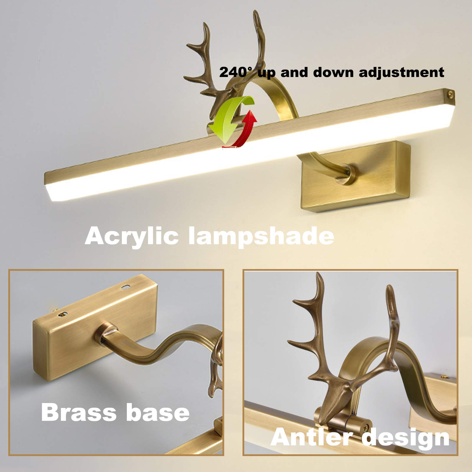 Lampa łazienkowa LED w stylu vintage, wodoodporna mosiężna lampa ścienna IP44, neutralna biała lampa lustra z regulowanym akrylowym kloszem 240 stopni, oświetlenie makijażu