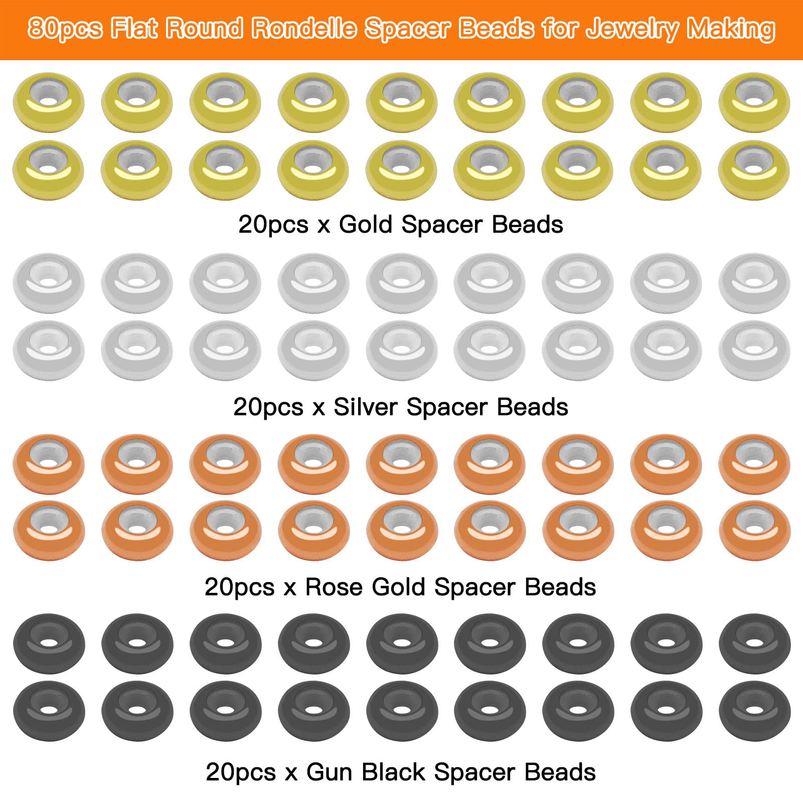 80 Stück 8 mm Stopperperlen mit Gummi innen, flache, runde Rondelle-Abstandsperlen, verstellbare Schieberverschlüsse, runde Perlen, Schmuckherstellung (2 mm Loch, 4 Farben)