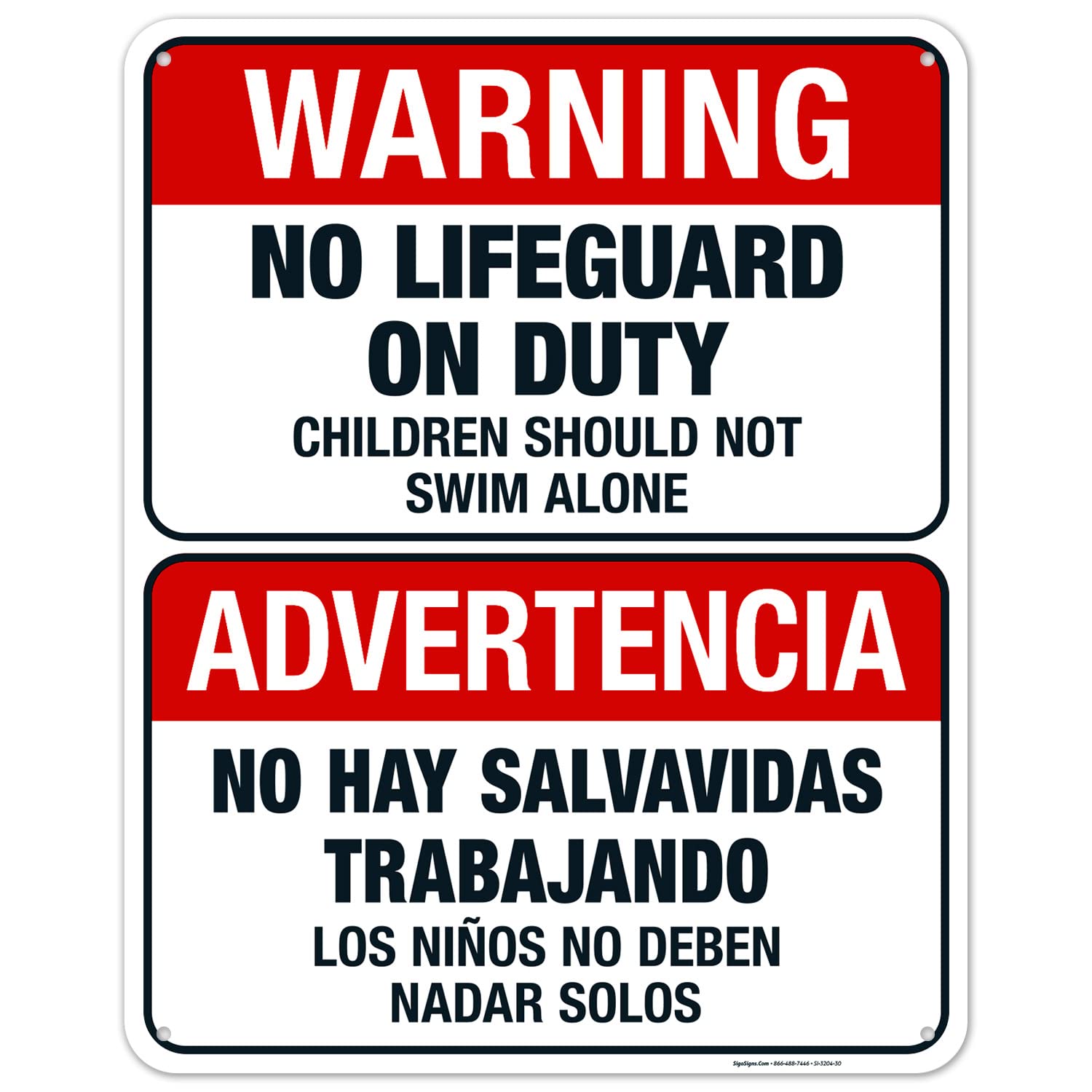 No Lifeguard On Duty Pool Sign, Spanish English Bilingual, 24x30 Inches, 55 mil Thick HDPS (high Density polystyrene), Made in USA