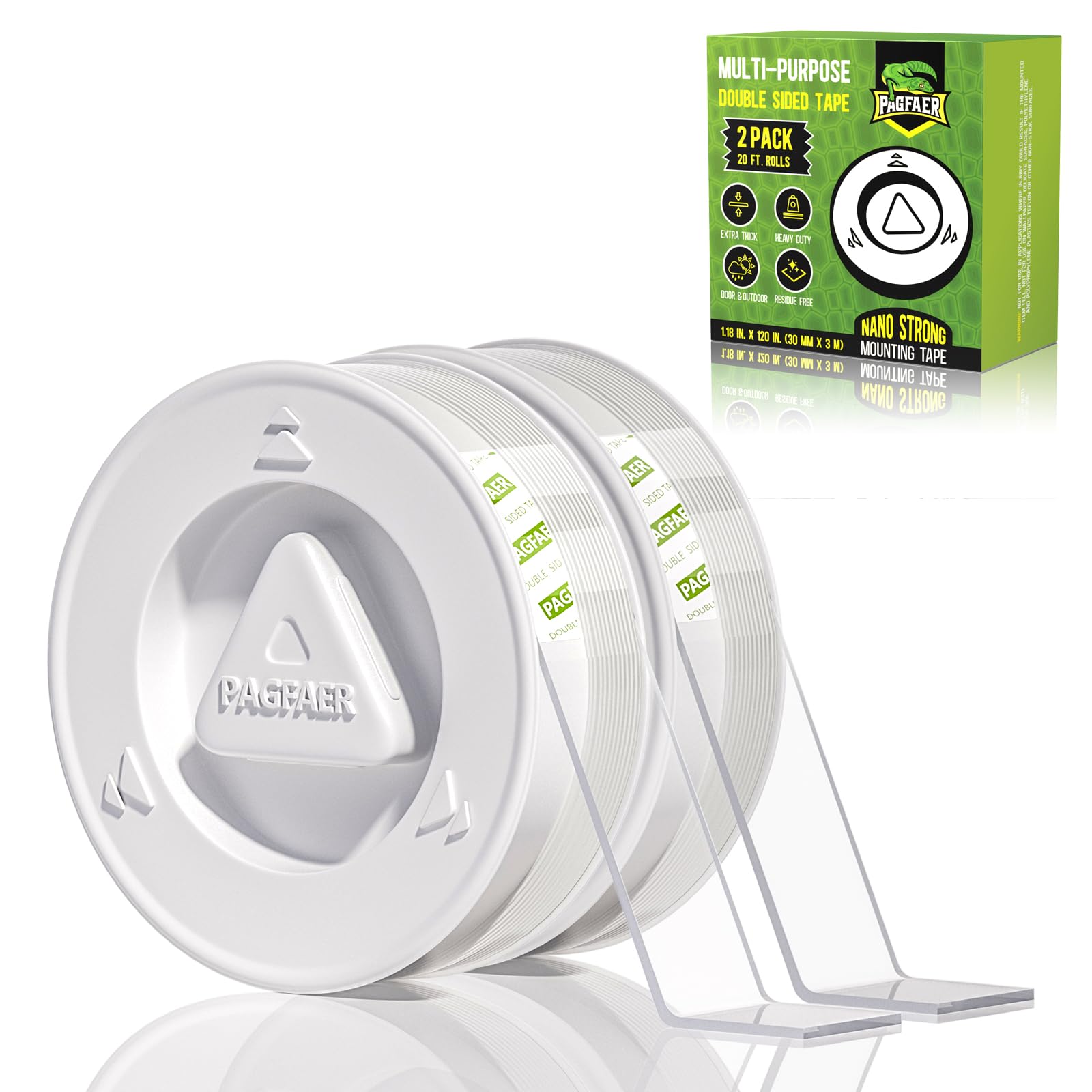 PAGFAER Double Sided Tape Heavy Duty, 2PCS Double Sided Mounting Nano Tape 10FT, Clear & Tough Two Sided Adhesive Tape, Removable Picture Hanging