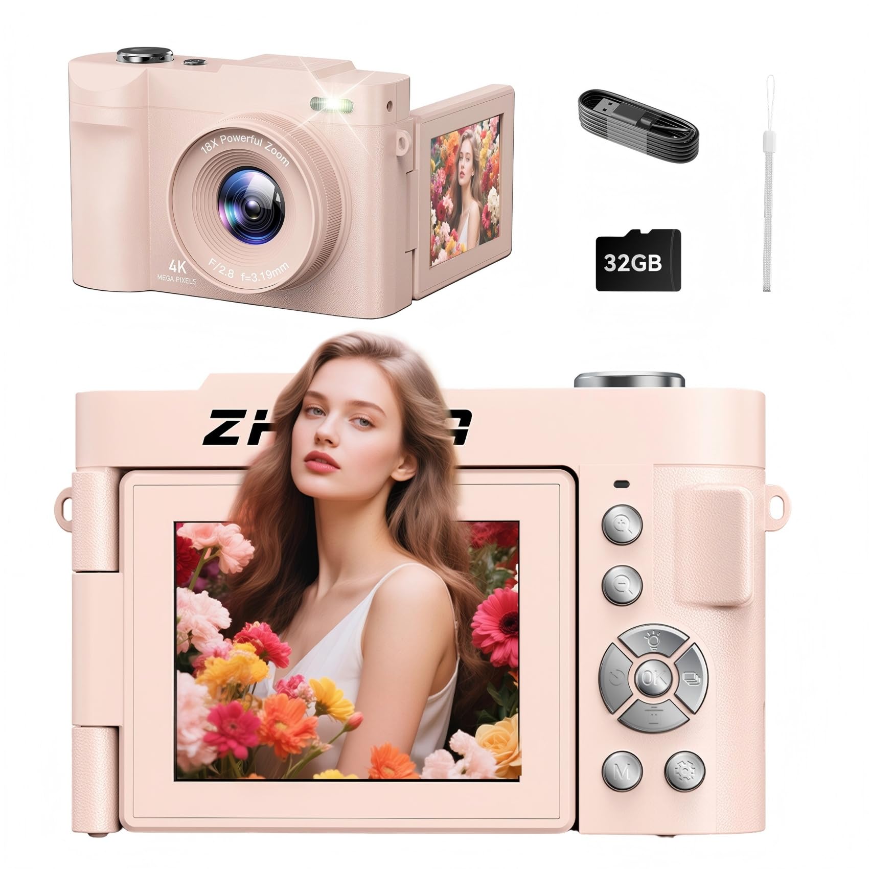 4K Digital Camera for Photography Autofocus, 50MP Vlogging Camera Kids with 2.8'' 180° Flip Screen 18X Zoom 32G Card Compact Point Shoot Cameras Anti Shake Flash Video Photo Batteries Girls Boys Pink