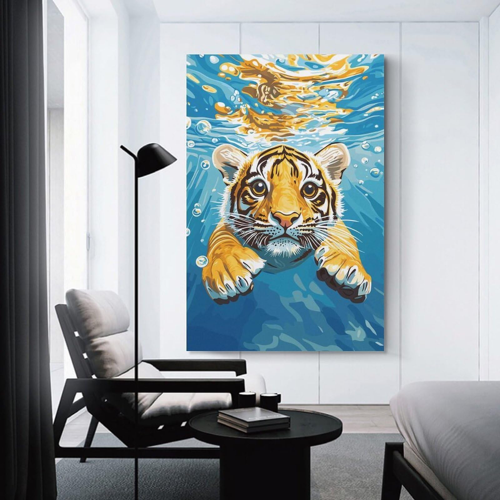 Junmoney Wall Picture Print Tiger Cub Swimming Underwater, 24x36inch(60x90cm), for Apartments, Flats Or New Home Decor, A Simple Refresh for Blank Walls