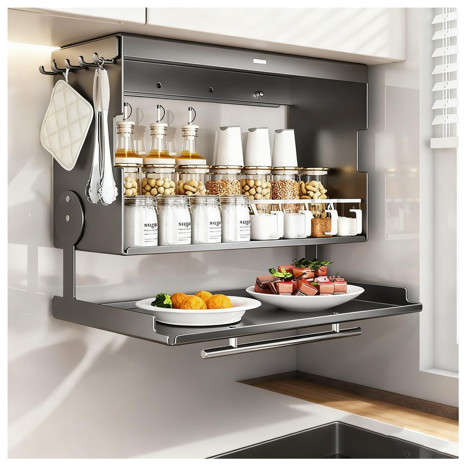 Organizador de especias extraíble de 2 niveles, estante de cocina montado en la pared con ganchos para almacenamiento, solución perfecta para debajo del armario