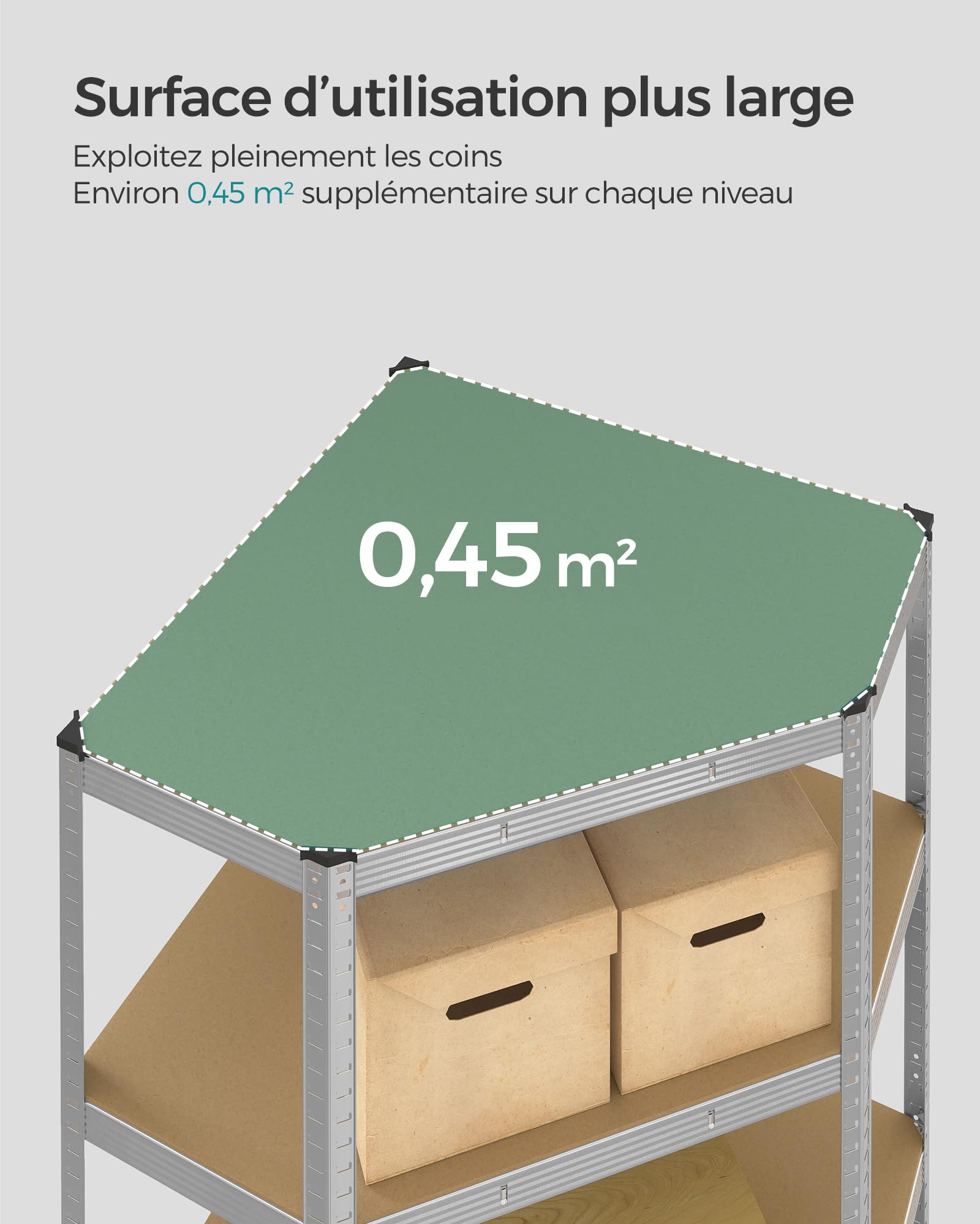 SONGMICS Étagères d’Angle à 5 Niveaux, Étagères de Rangement en Acier, Charge Lourde, Garage, Entrepôt, Capacité de Charge 875 kg, Argent et Beige Naturel GLR080E01