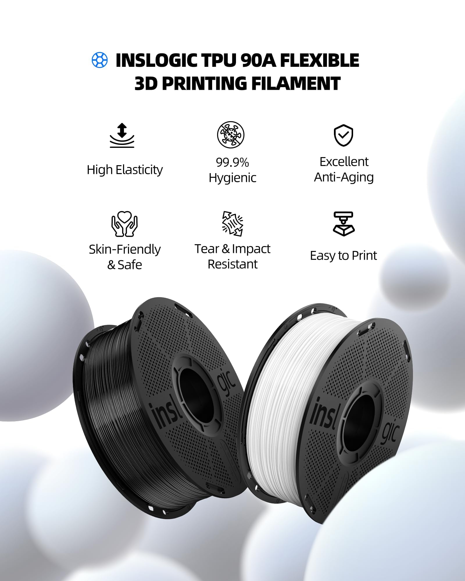 Inslogic Filament TPU 1,75 mm, 90A Shore Matériau d'impression 3D souple et résistant à la déchirure, emballage sous vide résistant à l'humidité, Applicable à l'équipement de protection,orange