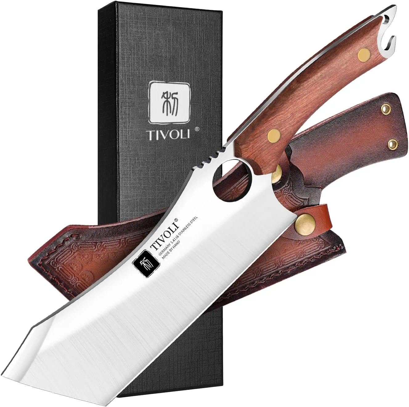 TIVOLI Meat Cleaver Knife Japanese Kitchen Vegetable Knife Sharp Meat Chopper Forged In Fire Full Tang Cleaver Knives with Sheath Bottle Opener for Outdoor Camping Father's Day Gift Men Women