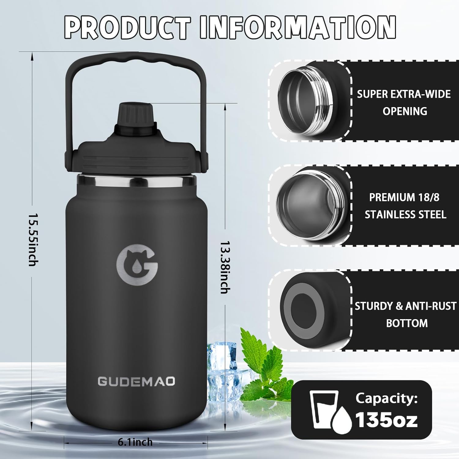 1 Gallon Insulated Water Bottle with Handle, 135 oz Double Vacuum Stainless Steel Water Jug for Hot & Cold Drinks, Leak-Proof Large Wide Mouth Water Flask for Travel, Gym, Biking (Black) - Image 2