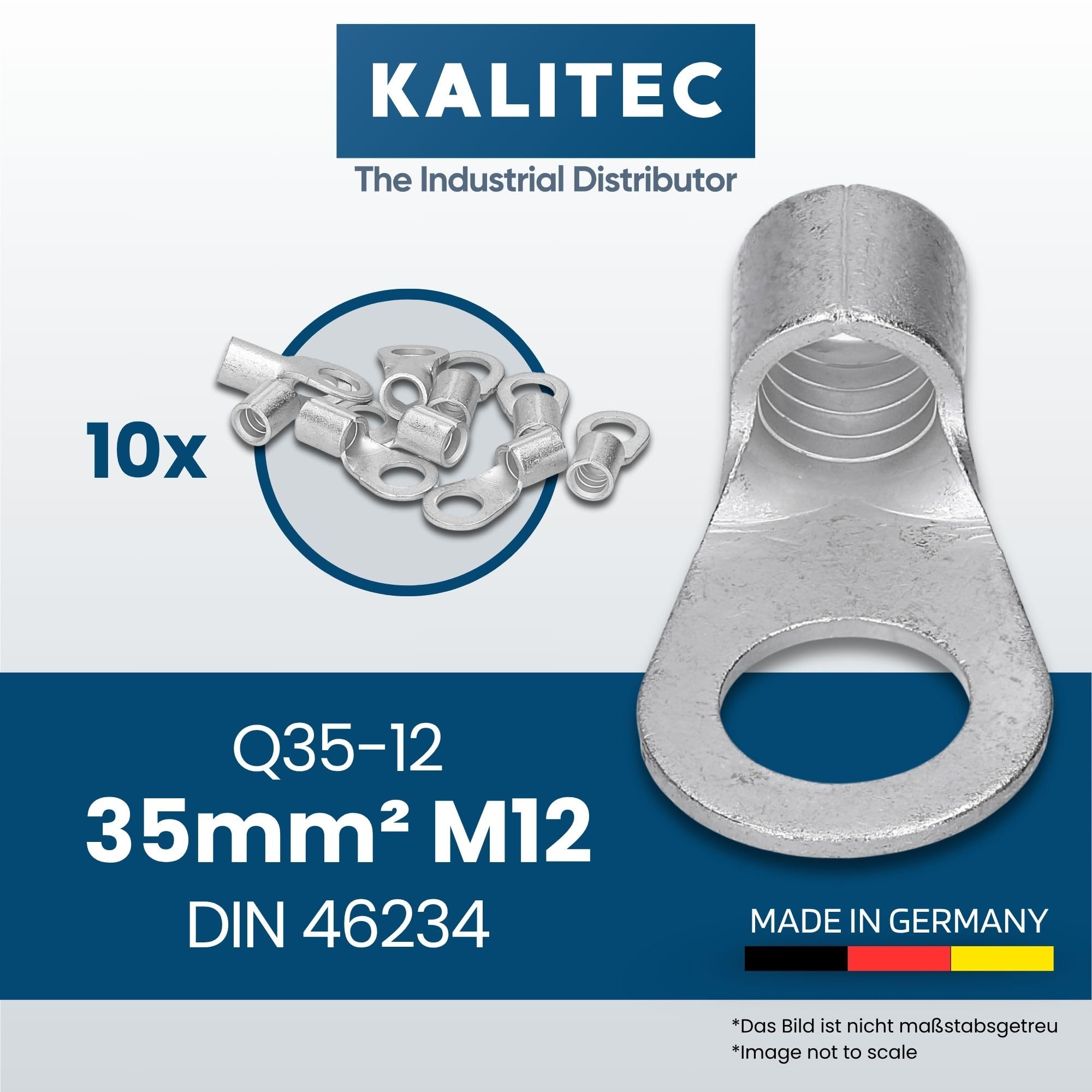 Kalitec Lot de 10 Cosses à Sertir 35 mm² M12 - Connecteur de Câble Nu | Cosses à anneau série Q conformes à la norme DIN 46234, idéales pour conducteurs multibrins fins et armoires électriques.