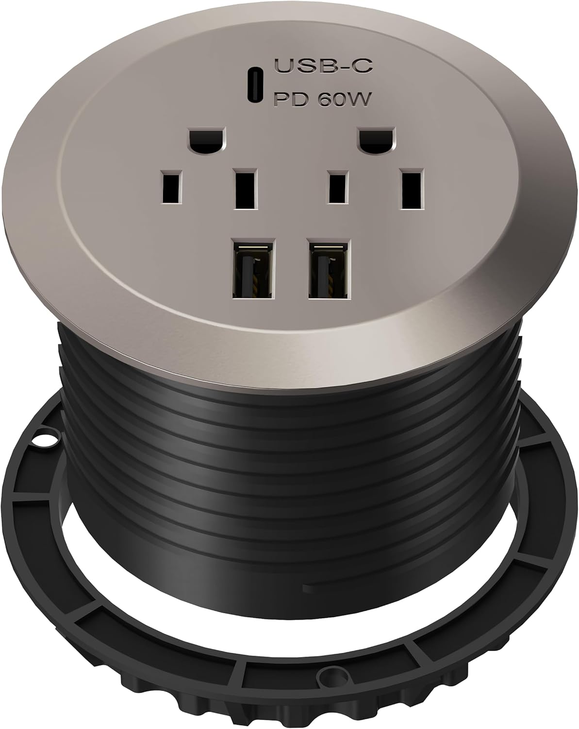 TOPGREENER Desktop Power Grommet with 65W PD for MacBook, GaN Desk Grommet with 1 Fast Charging USB-C Port, 2 USB-A Ports and Duplex Receptacles, TTRP48APD60-NK, Nickel