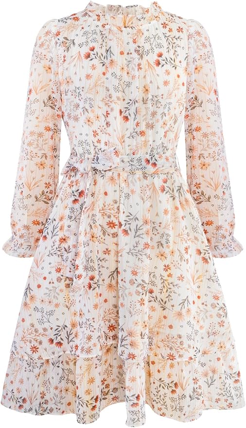 Alakuoti Girls Fall Long Sleeve Dress Floral Ruffle Flower Girl Formal Party Holiday Midi Dresses with Belt 5-14 Years