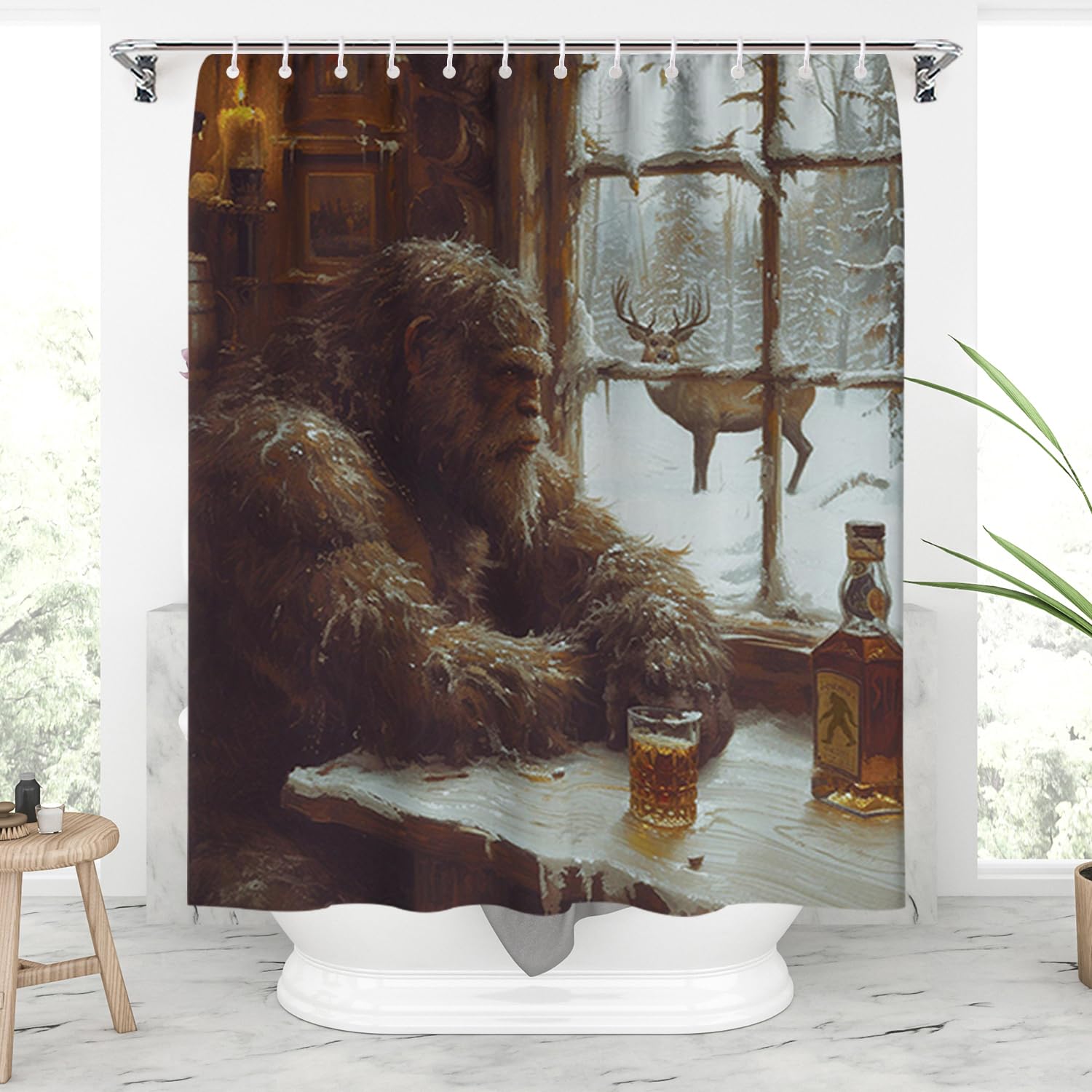 FADALO Bigfoot Drinking Whisky Shower Curtain,Vintage Deer Hunting Sasquatch Cabin Bath Curtains Farmhouse Shower Curtain Sets for Bathroom with 12