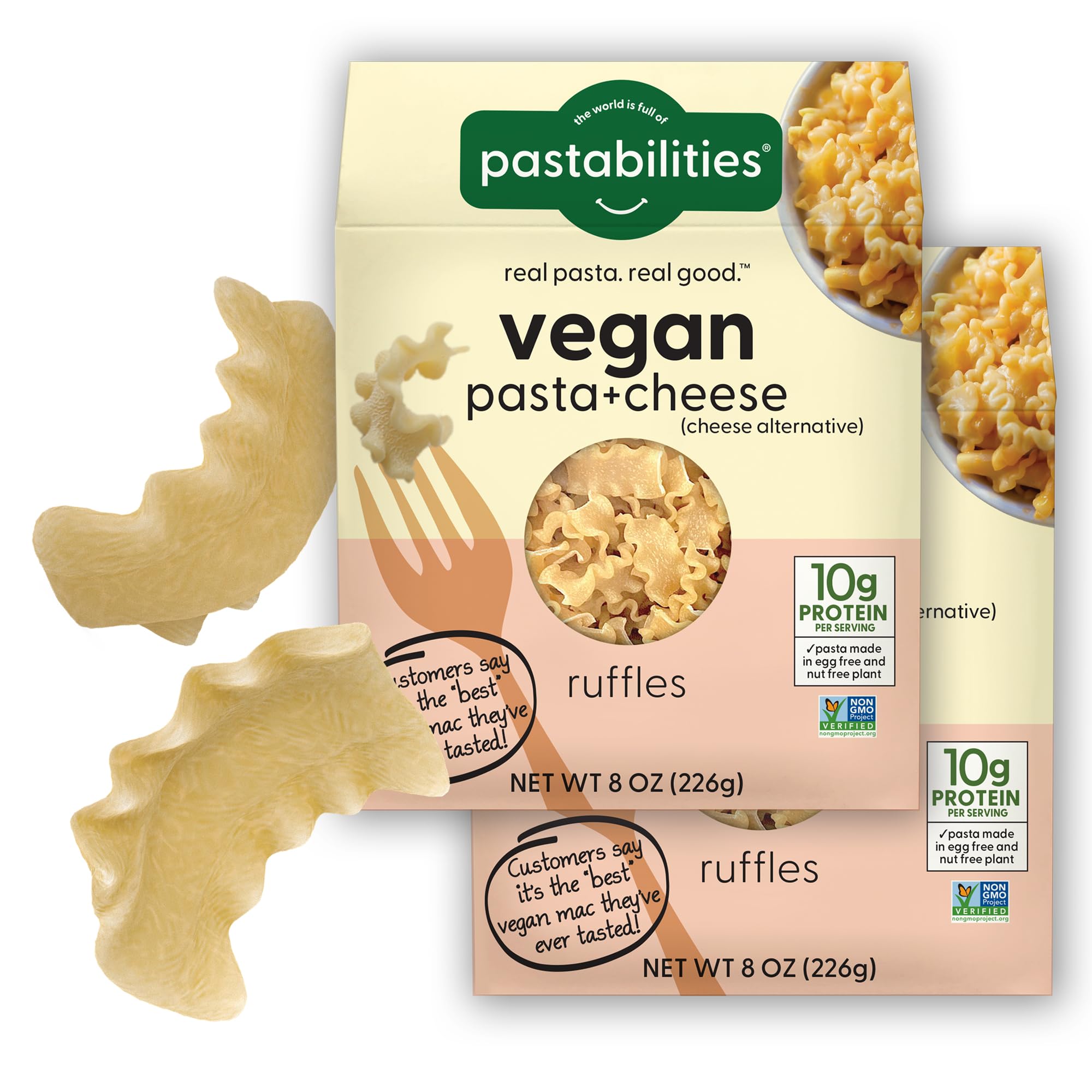 Pastabilities Vegan Ruffles - Mac and Cheese - Family Size – Serves 4, Wheat Based Pasta, Delicious Taste, Non GMO, Vegan Pasta and Cheese, 10g of Protein (2 Pack, 8 Oz)