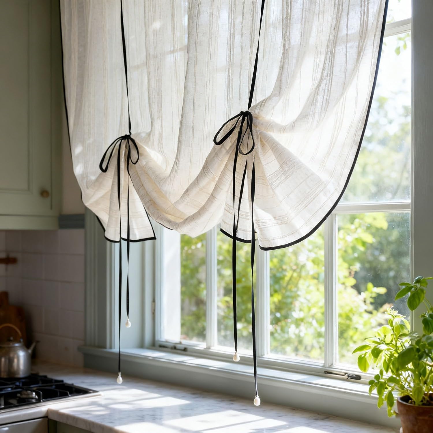 Beige Striped Tie-up Linen Curtain with Black Trim Elegant Roman Shade Length Adjustable Sheer Curtain Valance for Kitchen Bedroom Rod Pocket Top 1 Panel (Beige,W52 x L63 inches)