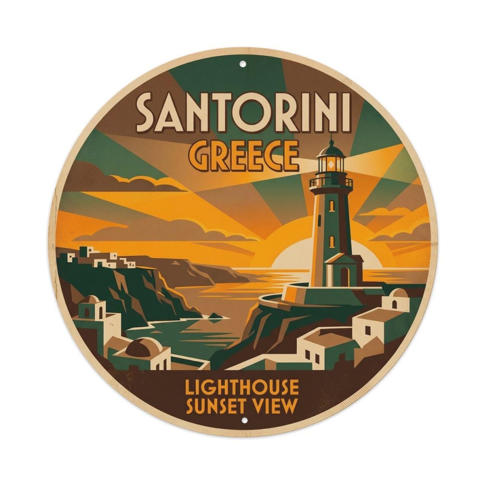 Lighthouse Santorini Greece Aegean Sea Volcanic Coast Metal Tin Sign