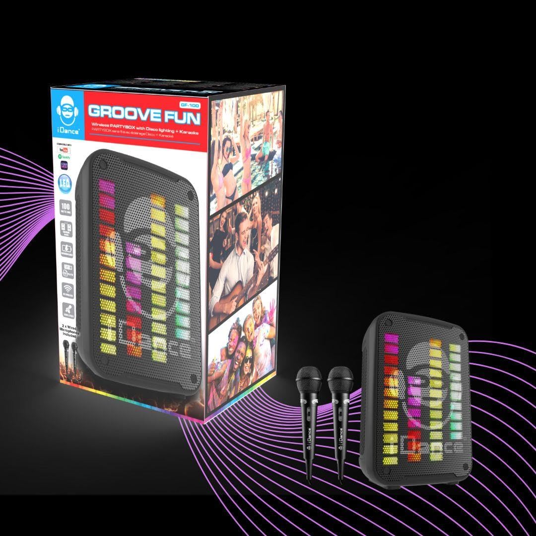 Karaoke con 2 microfoni senza fili - Altoparlante Bluetooth portatile - Dimensioni 35 cm - Batteria ricaricabile di lunga durata - con luci LED per discoteca - per feste - Connessione Internet senza