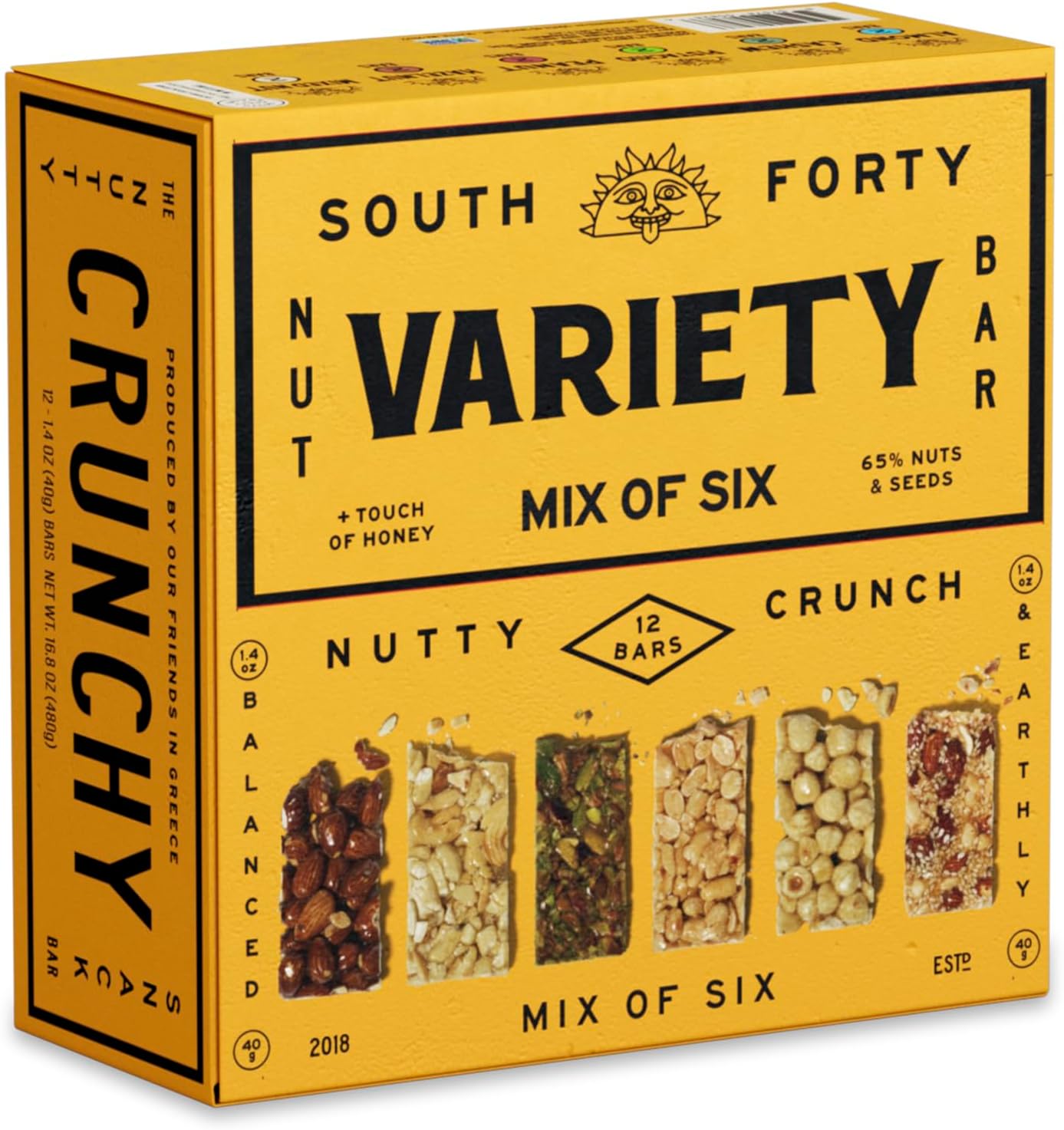 South 40 Snacks Crunchy Nut Bars, Mix of 6 Variety Pack, Touch of Honey, Natural Protein (40g Bar, Pack of 12)