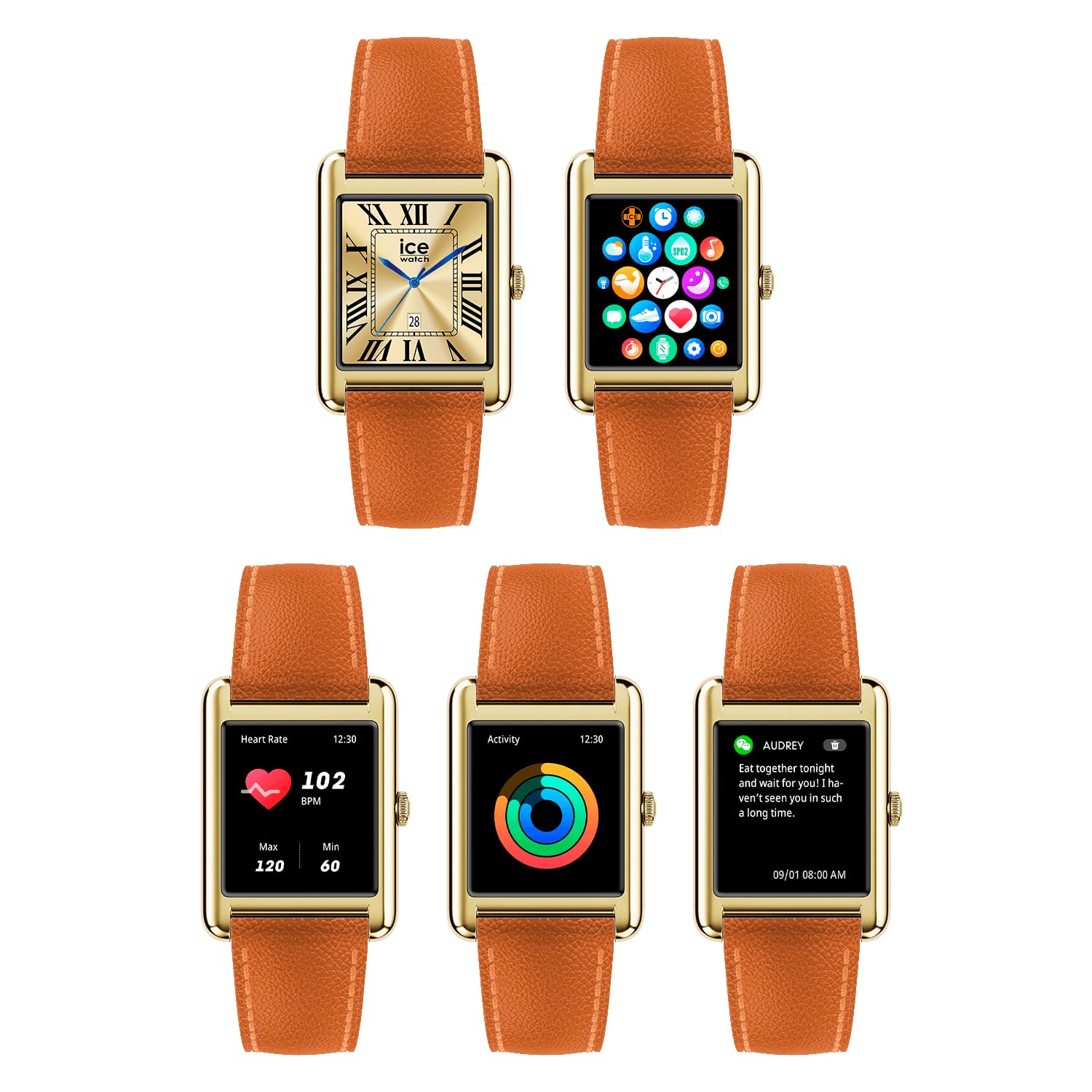 Ice-Watch - ICE smart TKS 2.0 Gold Orange grain - Złoty smartwatch dla kobiet z skórzanym paskiem - 025620 (1,41 cala / 32 mm) - Smartwatch, monitorowanie aktywności fizycznej i zdrowia