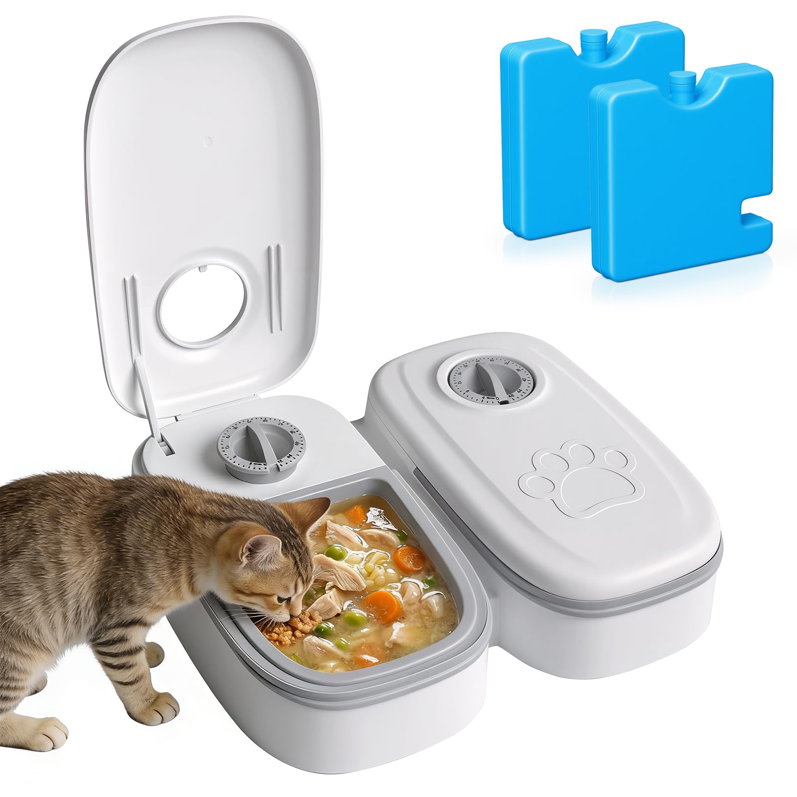 Automatic Cat Feeder for Busy Pet Owners, 2 Meal Timed Feeder Keeps Wet & Dry Food Fresh with Ice Pack, 350g Trays for Cats & Small Dogs at Home or Short Trips
