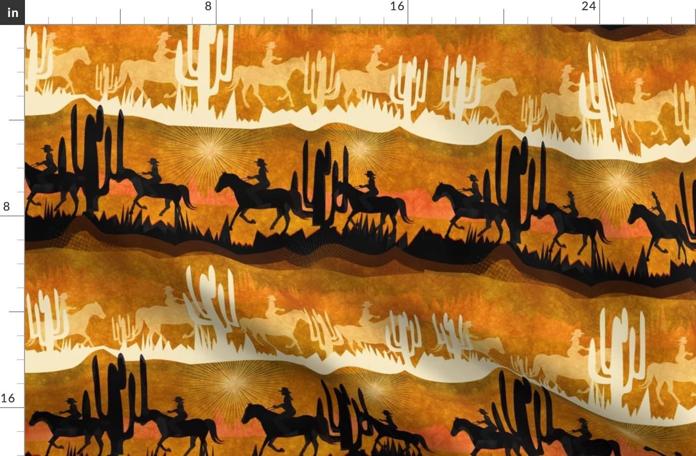 Spoonflower Fabric - Sunset Western Cowboy Horseback Riding Earth Tones Silhouette Printed on Organic Cotton Sateen Fabric by The Yard - Sewing Quilting Apparel Home Decor