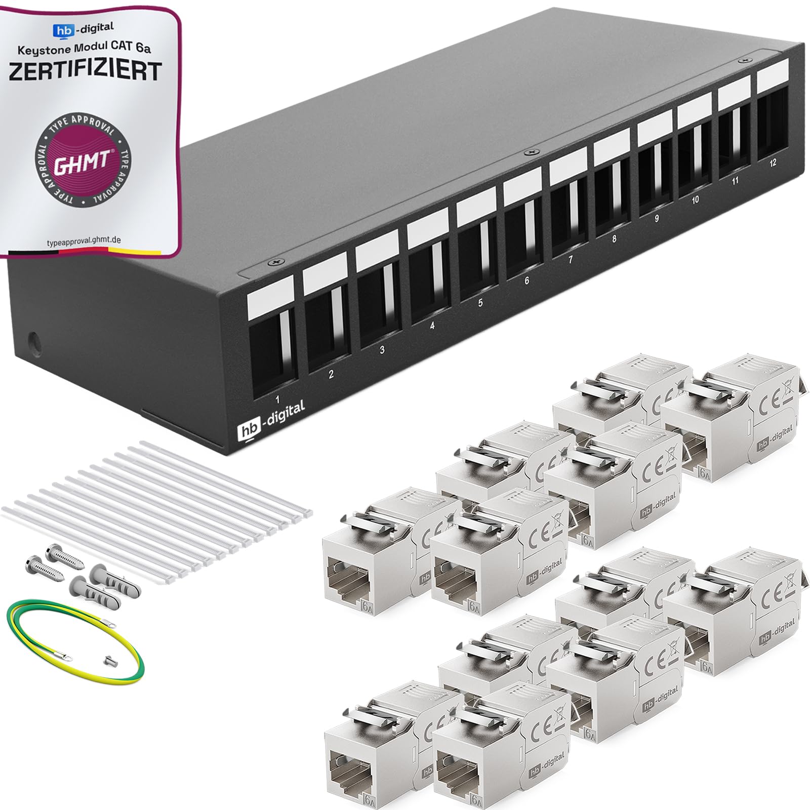 HB-DIGITAL Panel de conexiones de 12 puertos, 1 U, 12 unidades, CAT 6a, RJ45, módulo Keystone Jack blindado, STP 10 Gbps, compatible con cable de red Ethernet LAN, color negro