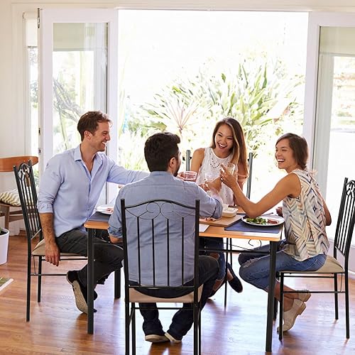 Miniatura 6 de COSTWAY Juego de mesa de comedor de 5 piezas, con marco de metal, juego de mesa de comedor moderno, juego de 5 piezas, mesa de cocina con 4 sillas