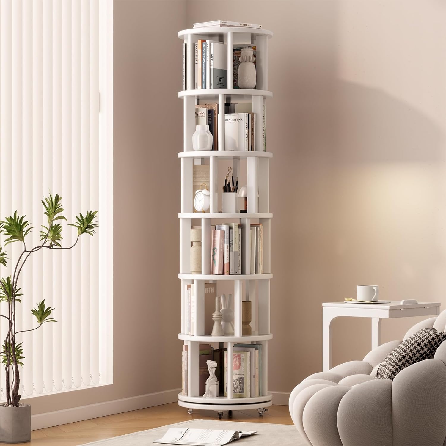 solid wood rotating bookshelf on wheels, 6 tier, round revolving bookcase, 360° spinning book shelf tower for kids, narrow rolling bookshelves for small space, corner, bedroom, office, white 6 tier white