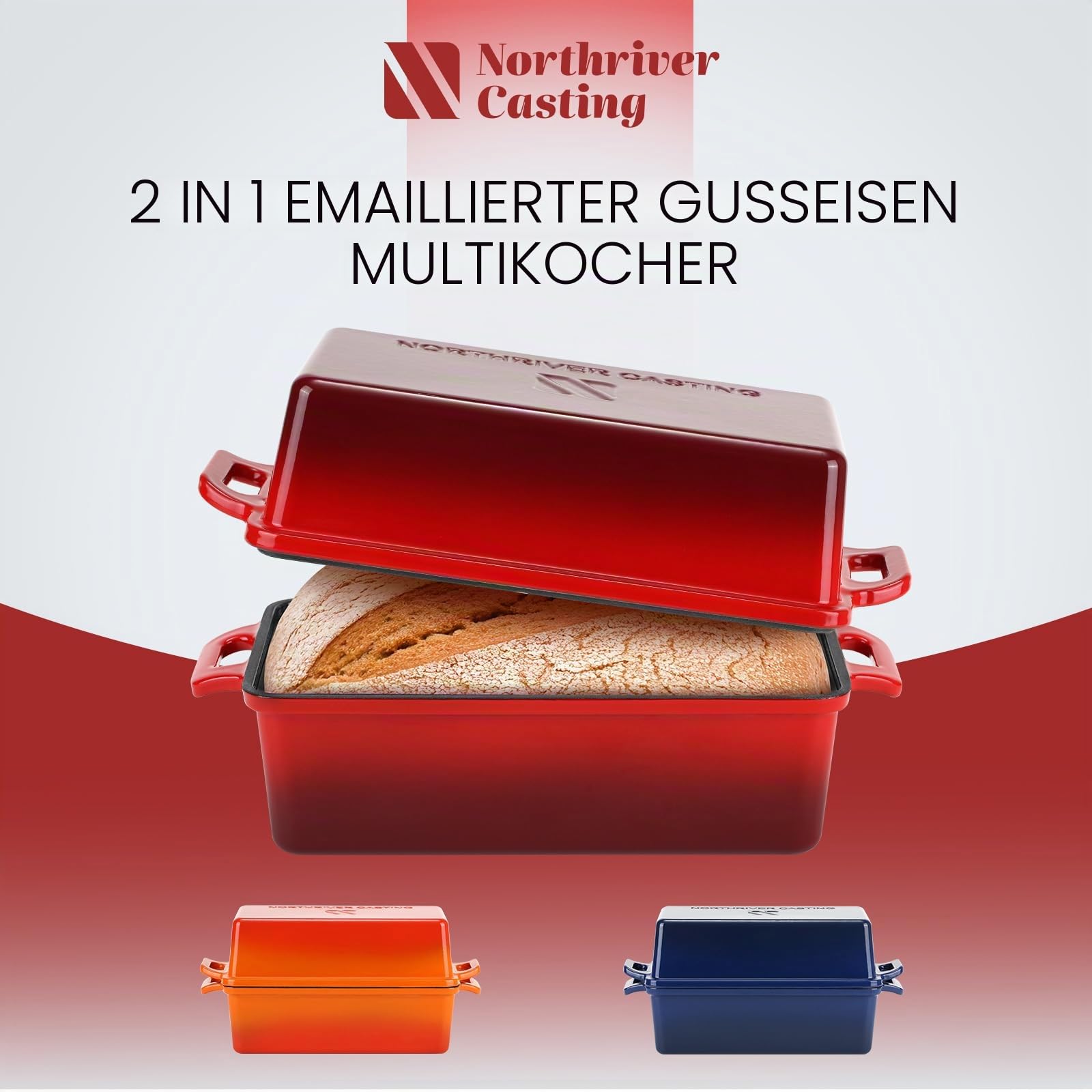 Northriver Casting Brotbackform aus emailliertem Gusseisen, 22,9 x 12,7 cm, perfekte Sauerteig-Backformen, gleichmäßige Wärmeverteilung für hausgemachtes Brot, Kuchen, Hackbraten, 2-teiliges Set, rot