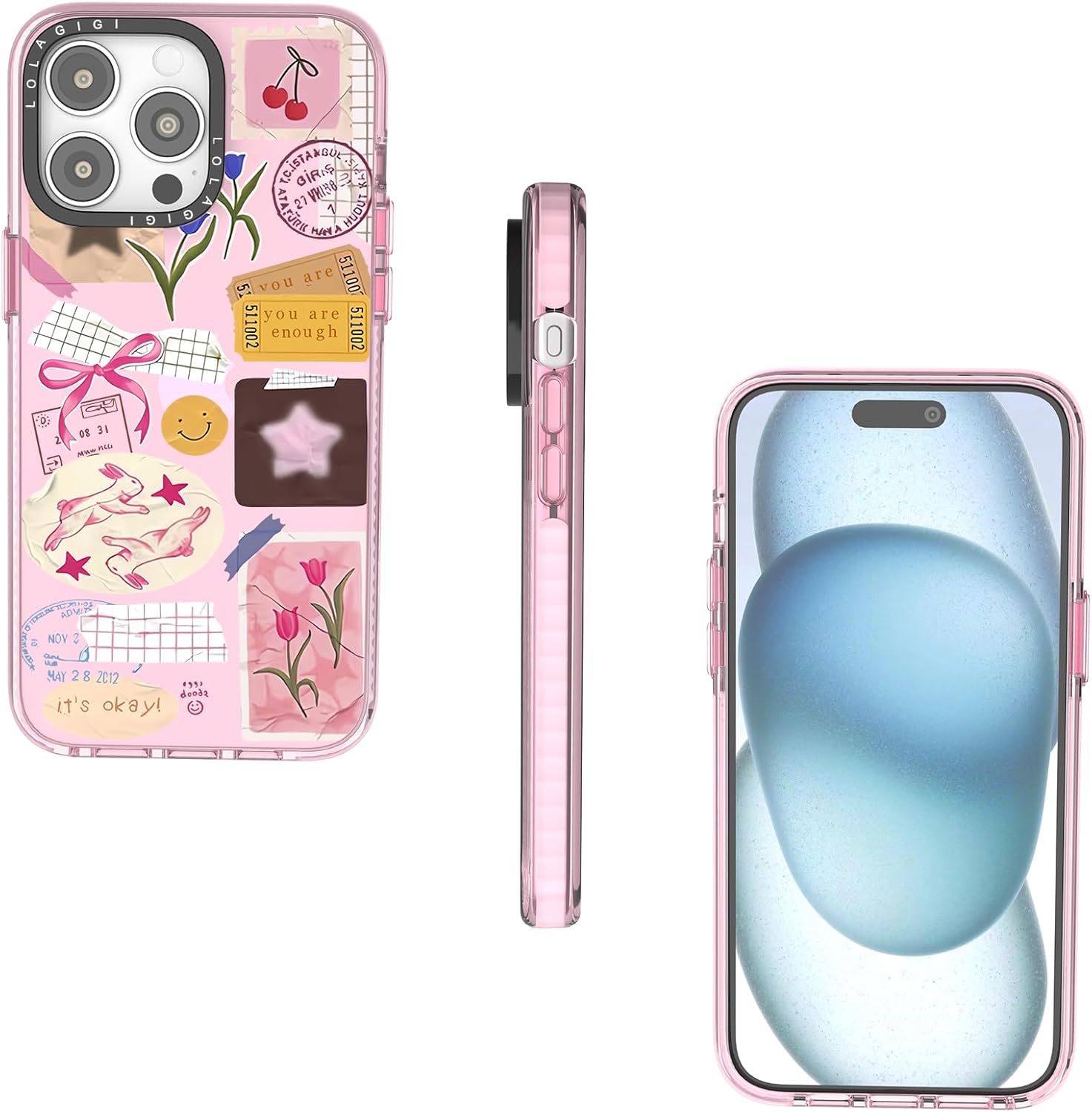 Case for iPhone 15 Plus, Cute Pink Art Collage Print Kawaii Design Girly Aesthetic Cartoon Pattern for Women Girls Teens Soft TPU Case,6.7" - Image 5
