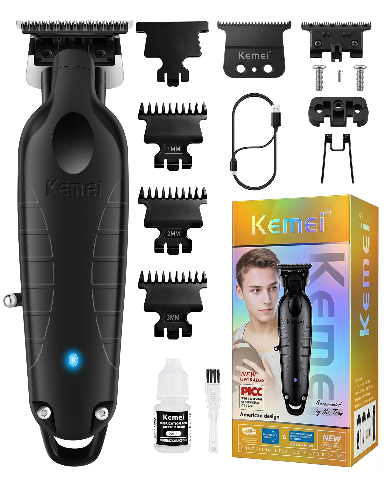 KEMEI PG2299 Hair Trimmer for Men, Zero Gapped T-Blade Clippers for Edging & Lining, Cordless Barber Liners with Extra Replacement Blade, USB Rechargeable Grooming Kit for Beard & Dry Shaving (Black)