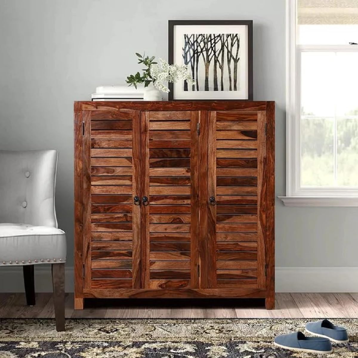 INDORIYA Solid Sheesham Wood Shoe Rack with 3 Door Storage for Living Room Home || Solid Wood Shoe Cabinet Chappal Stand | Wooden Storage Cabinet for Office and Hall | Shoe Rack Stand | Honey Finish-image-21