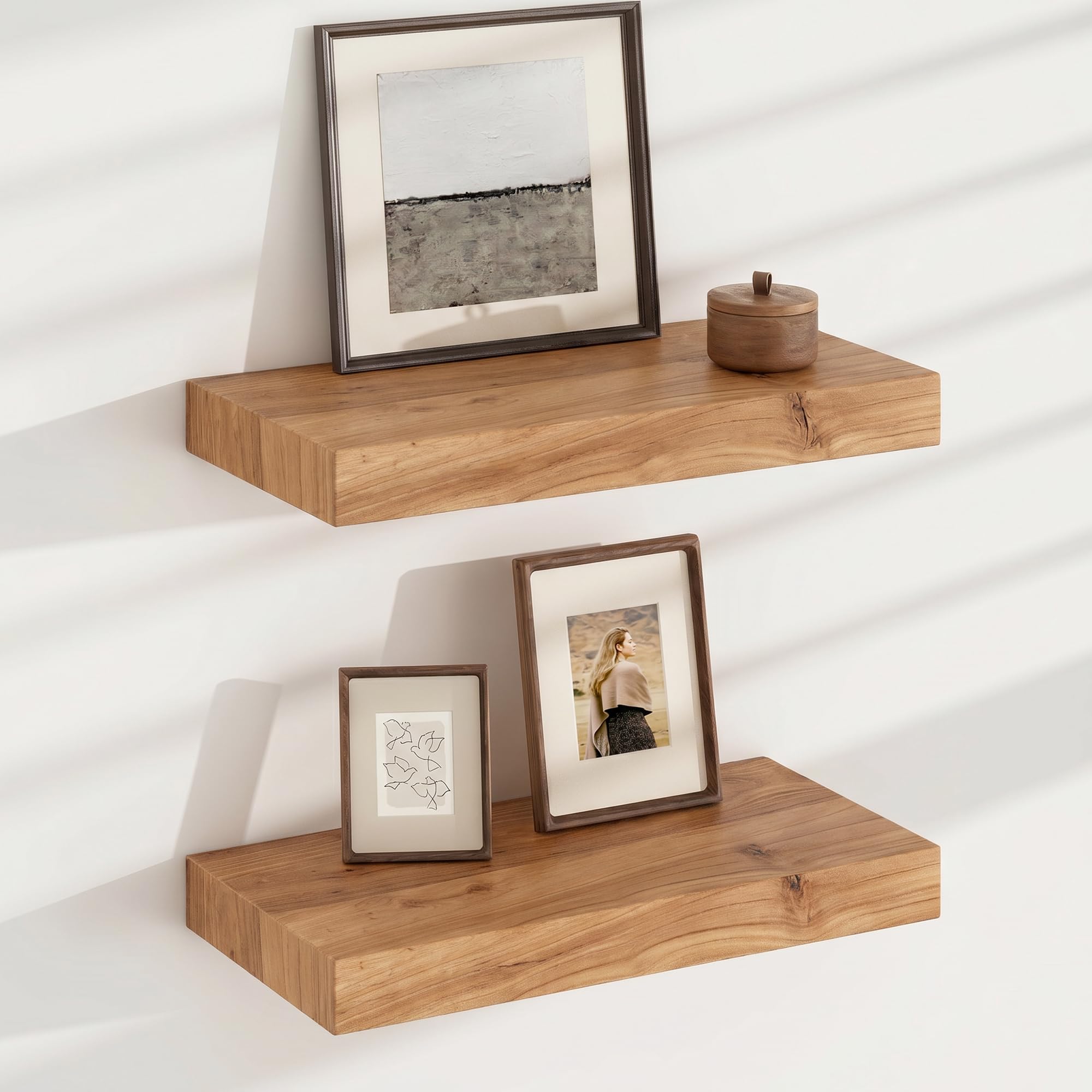 FLYJOE Floating Shelves for Wall, USA-Sourced Elm Wood 16 Inch Wall Shelves Set of 2, Natural Wooden Mounted Picture Ledge Shelf, Nursery Book Storage Shelf Kids Bookshelf Display, Shelf for Bathroom