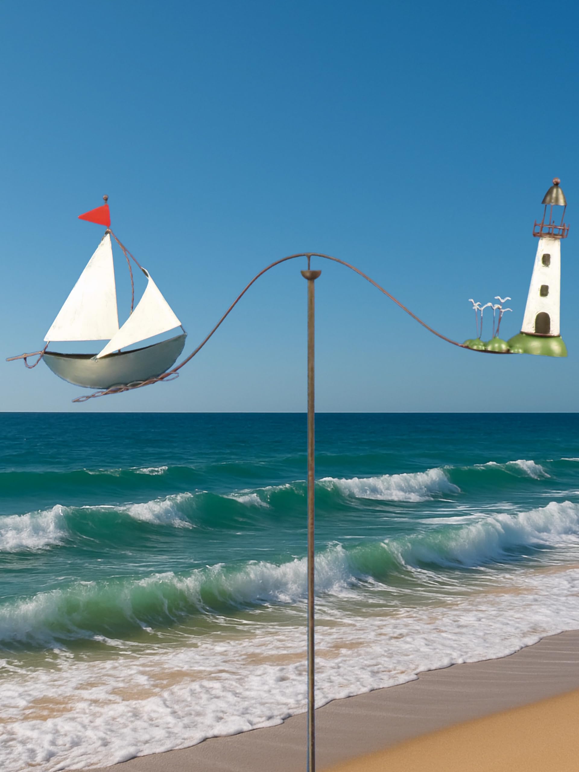 Pommerntraum ®| Windspiel Gartendeko Leuchtturm Möwen Segelboot Maritim | Gartenpendel Gartenstecker Nautik Segelschiff Segelyacht Vogel Vögel Küstenfans Segler Skipper SEGELBOOT + LEUCHTTURM + MÖWEN
