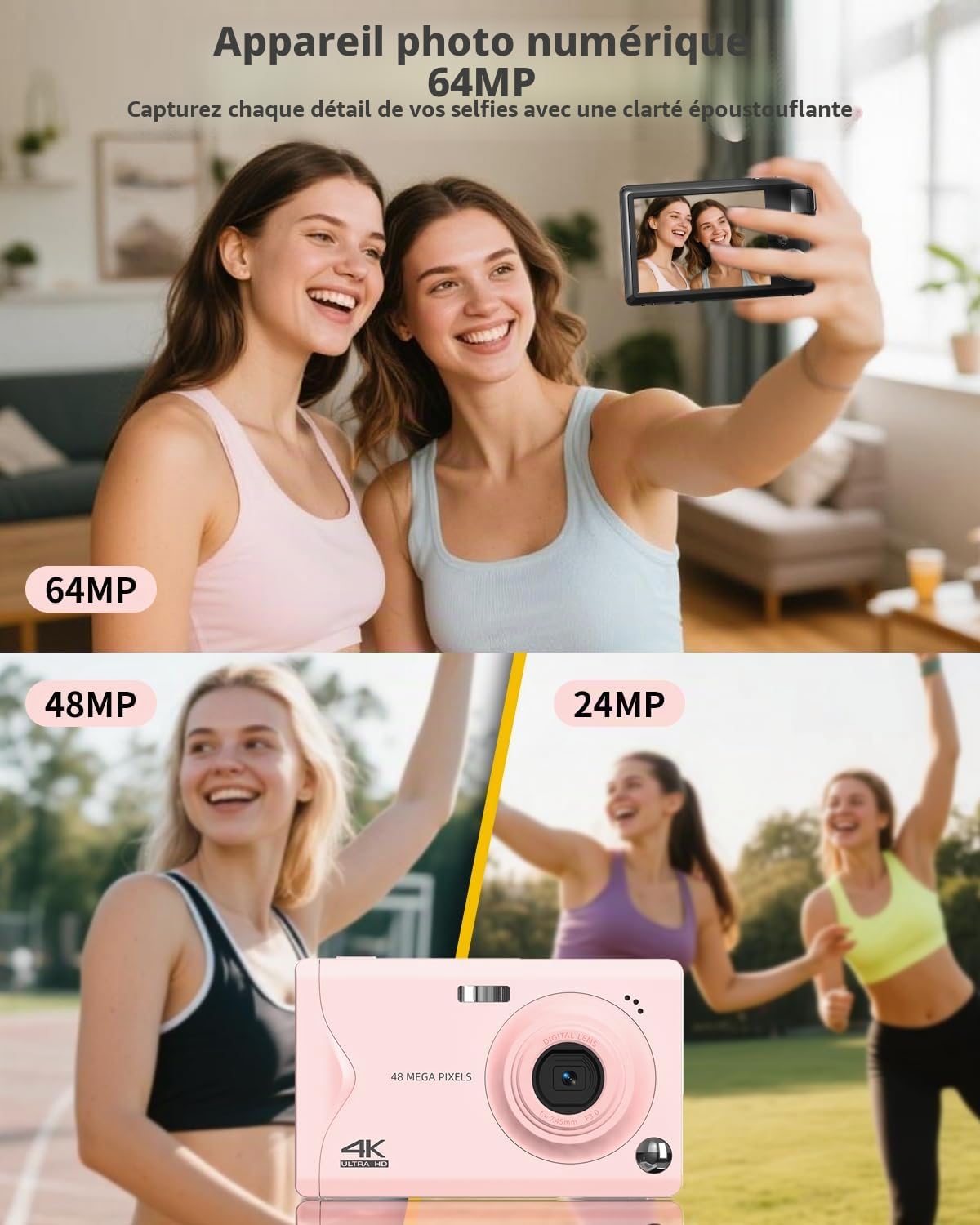Longyi Appareil Photo numérique 4K 48 MP avec Carte SD 32 Go, Zoom numérique 16x, Appareil Photo Compact avec câble USB, Sac Portable pour Enfants, débutants, Adolescents et étudiants - Rose