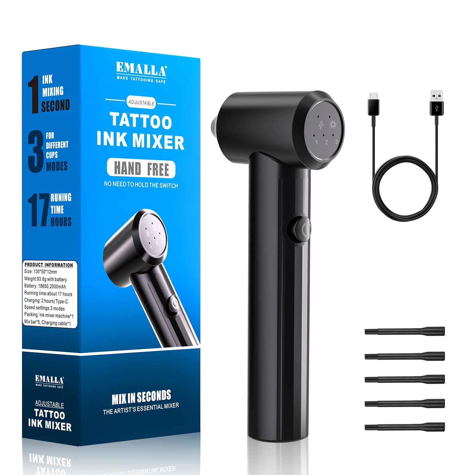 EMALLA Rechargeable Tattoo Ink Mixer with 3 Modes Adjustable Speed Professional Tattoo Pigment Blender with 100 Mixing Sticks(Black)