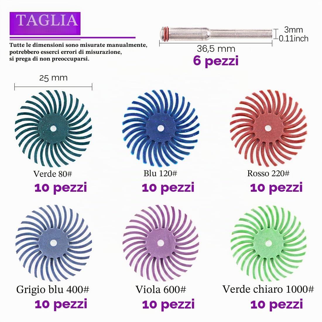 Sweet - Disco abrasivo con gambo da 1/8" per utensili rotanti per pulizia e sbavatura, 66 pezzi, grana mista 80/120/220/400/600/1000