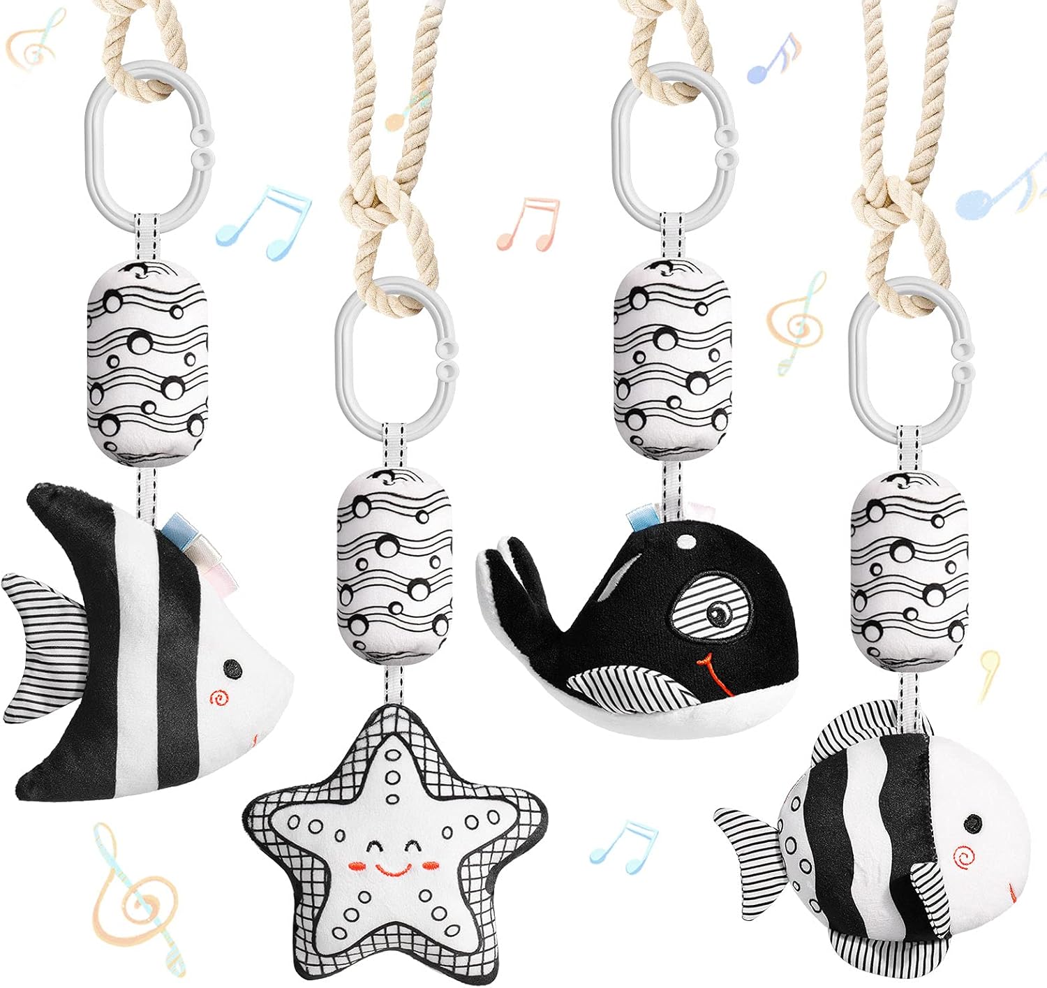 byesuro Baby Hanging Toys Stuffed Animal Bell Infant Stroller Rattle Toys - Crinkle Squeaky Cribs Car Seat New Born Toy with Wind Chimes Plush Toy Black and White Cute 0 3 6 9 to 12 Months : Toys & Games