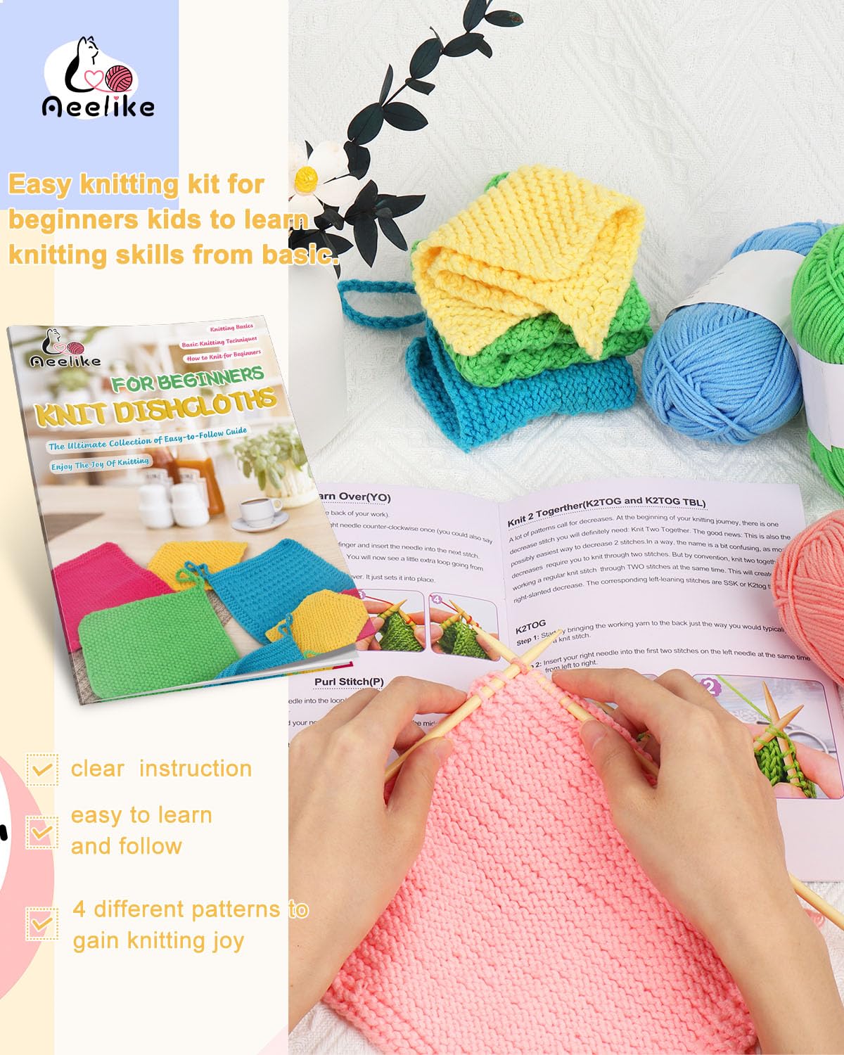 Aeelike Kit per lavoro a maglia per principianti, kit completo all'uncinetto per principianti, facile da usare, con ferri da maglia, filo di cotone, panno per imparare a lavorare a maglia con