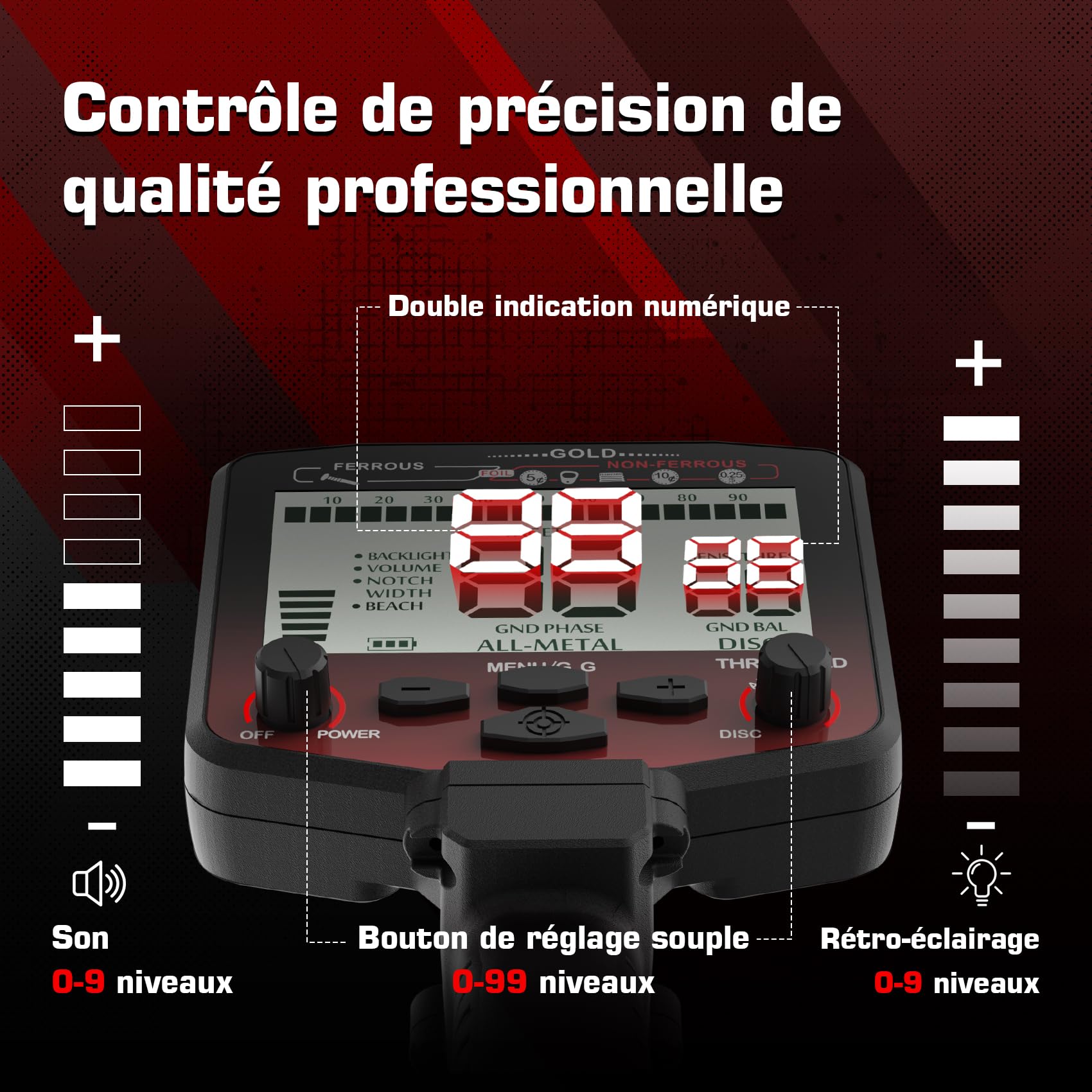 DR.ÖTEK Detecteur de Metaux Professionnel, Détecteur de Métaux Précis et Innovant Équilibrage au Sol, 5 Modes, Bobine Double-D Étanche 12", pour la Recherche d'or sur Plage (MT12-Set Rouge)