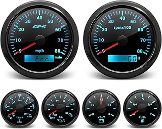 ARTILAURA 6 Gauge Set-GPS Speedometer, Tachometer, Fuel Level, Water Temperature, Oil Pressure, Voltage 7 Color Backlight Boat Gauges Set Marine Car (All Black)