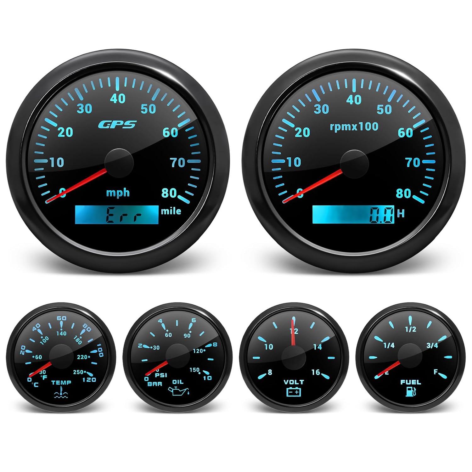 ARTILAURA 6 Gauge Set-GPS Speedometer, Tachometer, Fuel Level, Water Temperature, Oil Pressure, Voltage 7 Color Backlight Boat Gauges Set Marine Car (All Black)