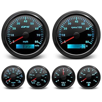 ARTILAURA 6 Gauge Set-GPS Speedometer, Tachometer, Fuel Level, Water Temperature, Oil Pressure, Voltage 7 Color Backlight Boat Gauges Set Marine Car All Black
