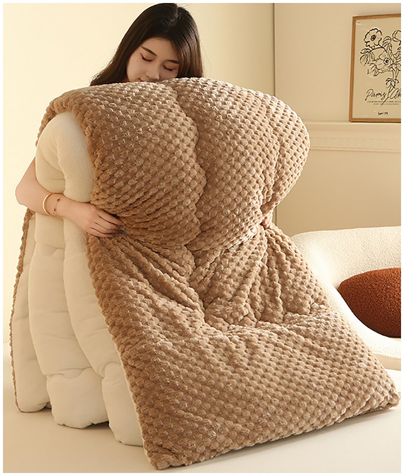 ZTGL 3-Layer Luxury Flannel Fleece Thicken Bed Blanket, Super Warm Thickened Bed Comforter, Soft Plush Lamb Quilt Double-Sided Velvet Blanket Heavy Warm for Cold Weather,Coffee,150x200cm(4kg)