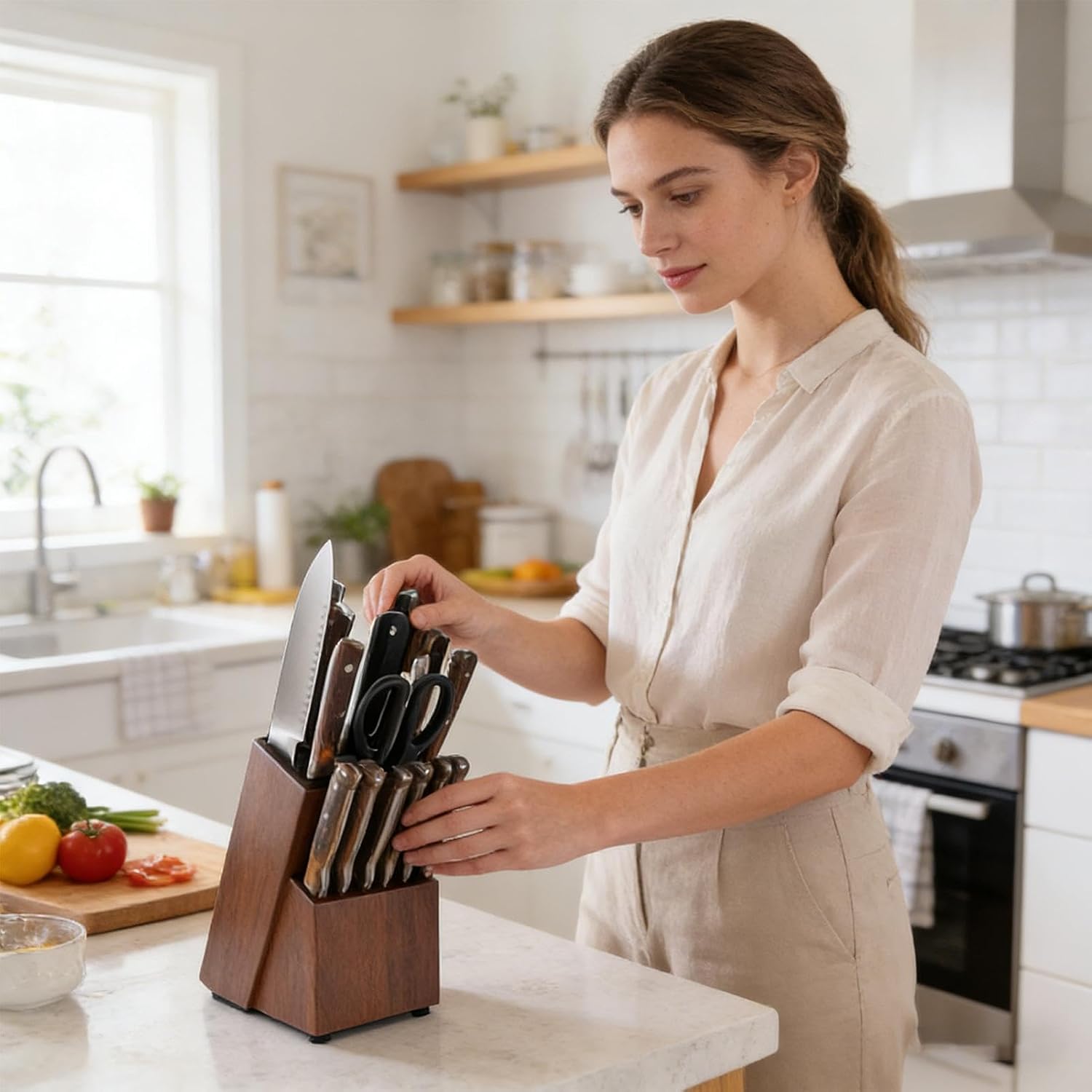Knife Block Holder, 14-Slot Wooden Rack with Countertop Storage Design, Kit